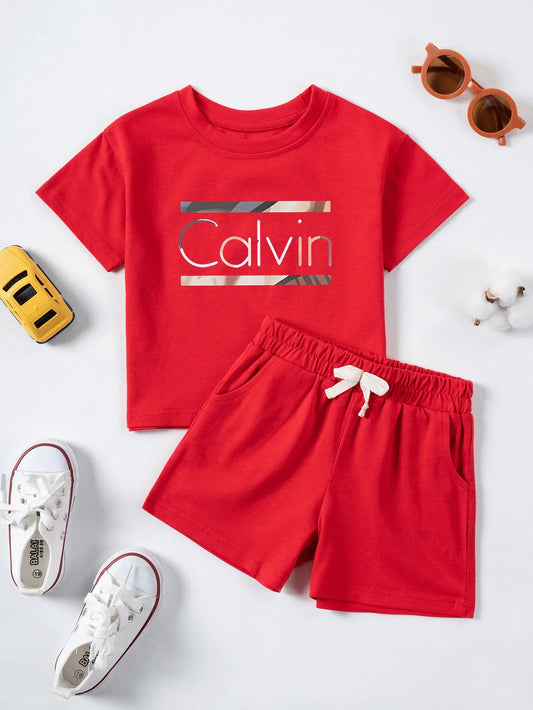 Children Calvin Letter Print Suits Cotton T-shirts + Shorts 2PCS Clothes Sets Boys Girls Fashion Outfits 1-7Y