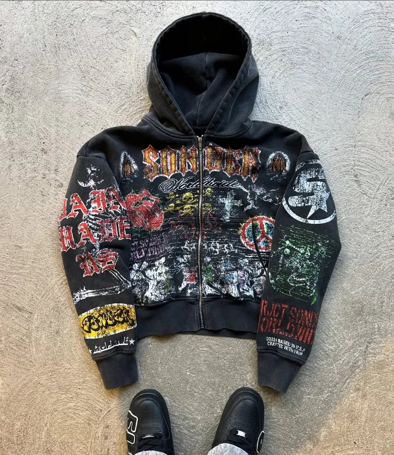 Y2k American Fashion Personality Versatile Anime Printed Zipper Hoodie Men Vintage Goth Dark Style Oversized Sweatshirt Women