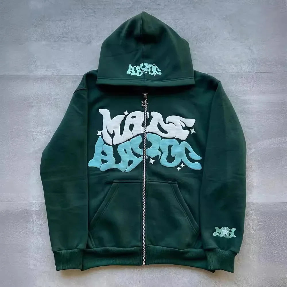 Zipper hooded sweatshirt with retro American letters and stars suitable for men and women Y2K jacket autumn d winter cardigan