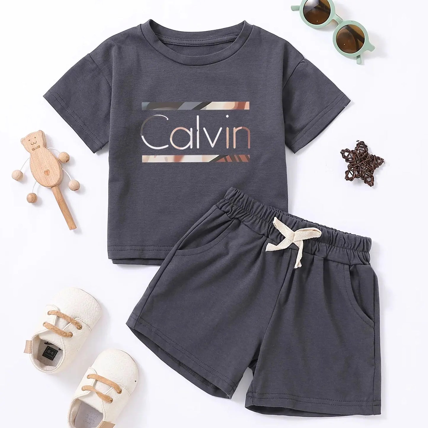 Children Calvin Letter Print Suits Cotton T-shirts + Shorts 2PCS Clothes Sets Boys Girls Fashion Outfits 1-7Y
