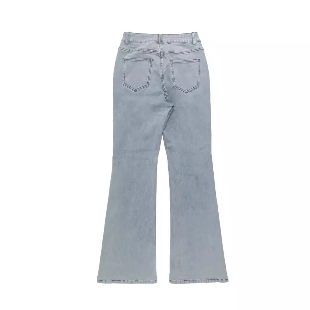 Men Jeans Boot Cut Solid Jean Wide Leg Denim Pant Distressed Washed Full Ankle Length Pockets Zipper Fly High Waist Basics