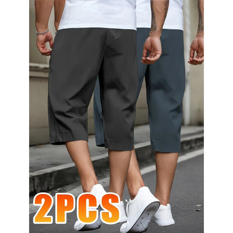2 Pieces Of Men's Casual Lace-Up Cropped Pants For Summer Outdoor Sports Running Gym Ventilate Baggy Shorts Beach Clothes Man