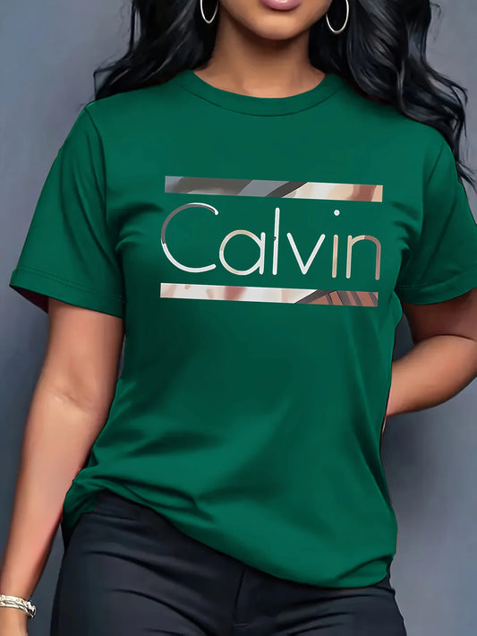 Women's Summer 100% Cotton Fashion Casual Calvin Letter Pattern Printed Loose Round Neck Short Sleeve T-shirt Top