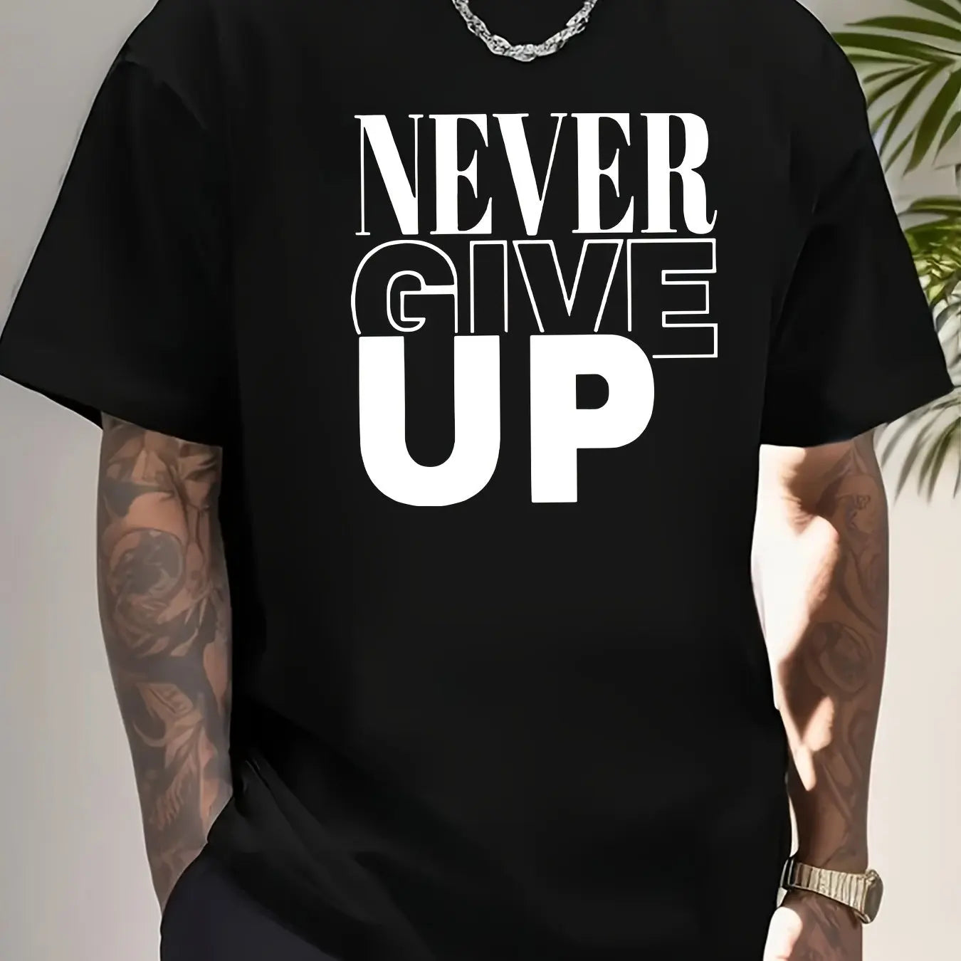Men's summer 100 cotton fashionable casual sports loose Never give up letter printed round neck short sleeved T-shirt top