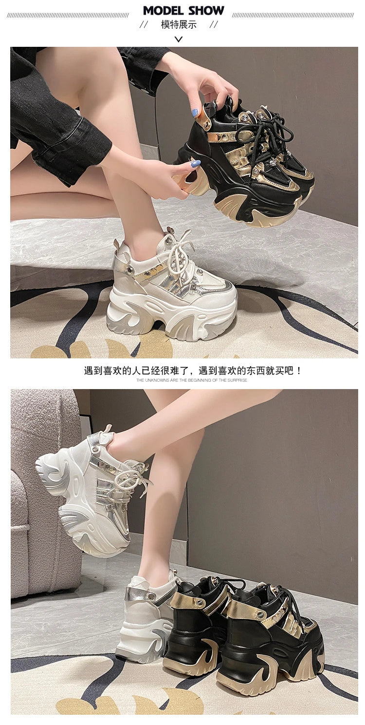 10CM New 2024 Spring Women Chunky Sneakers Heels Lace-up High Platform Sports Shoes Woman Breathable Mesh Shoes Leather Sneakers