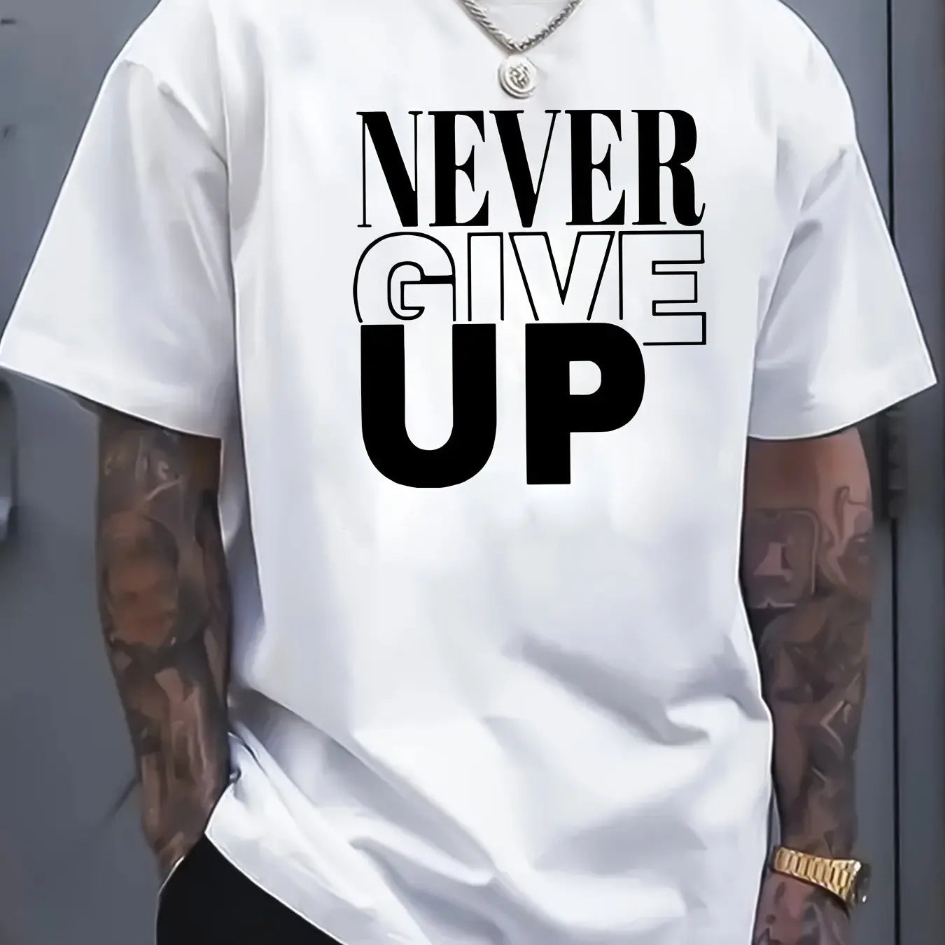 Men's summer 100 cotton fashionable casual sports loose Never give up letter printed round neck short sleeved T-shirt top