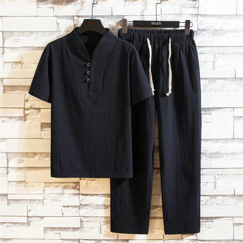 Chinese Style Linen Suit Men's Summer Short Sleeve Hanfu Ancient Buddhist System Zhenshi V-neck T-shirt Cotton Linen 2-piece Set