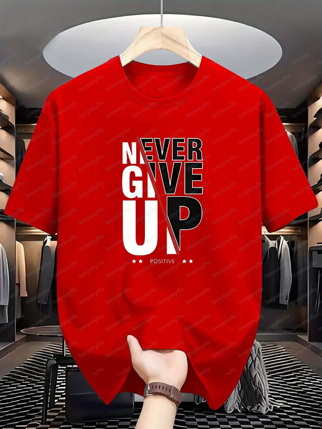 Men's 'Positive' Monogram Print T-Shirt Never Give Up Fashion Letter Graphic Casual Short-Sleeved Comfortable Top Goth T-shirts