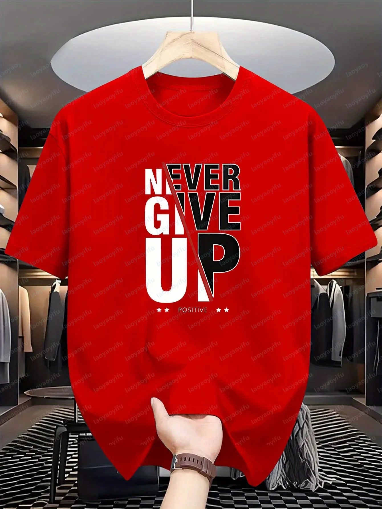 Men's 'Positive' Monogram Print T-Shirt Never Give Up Fashion Letter Graphic Casual Short-Sleeved Comfortable Top Goth T-shirts