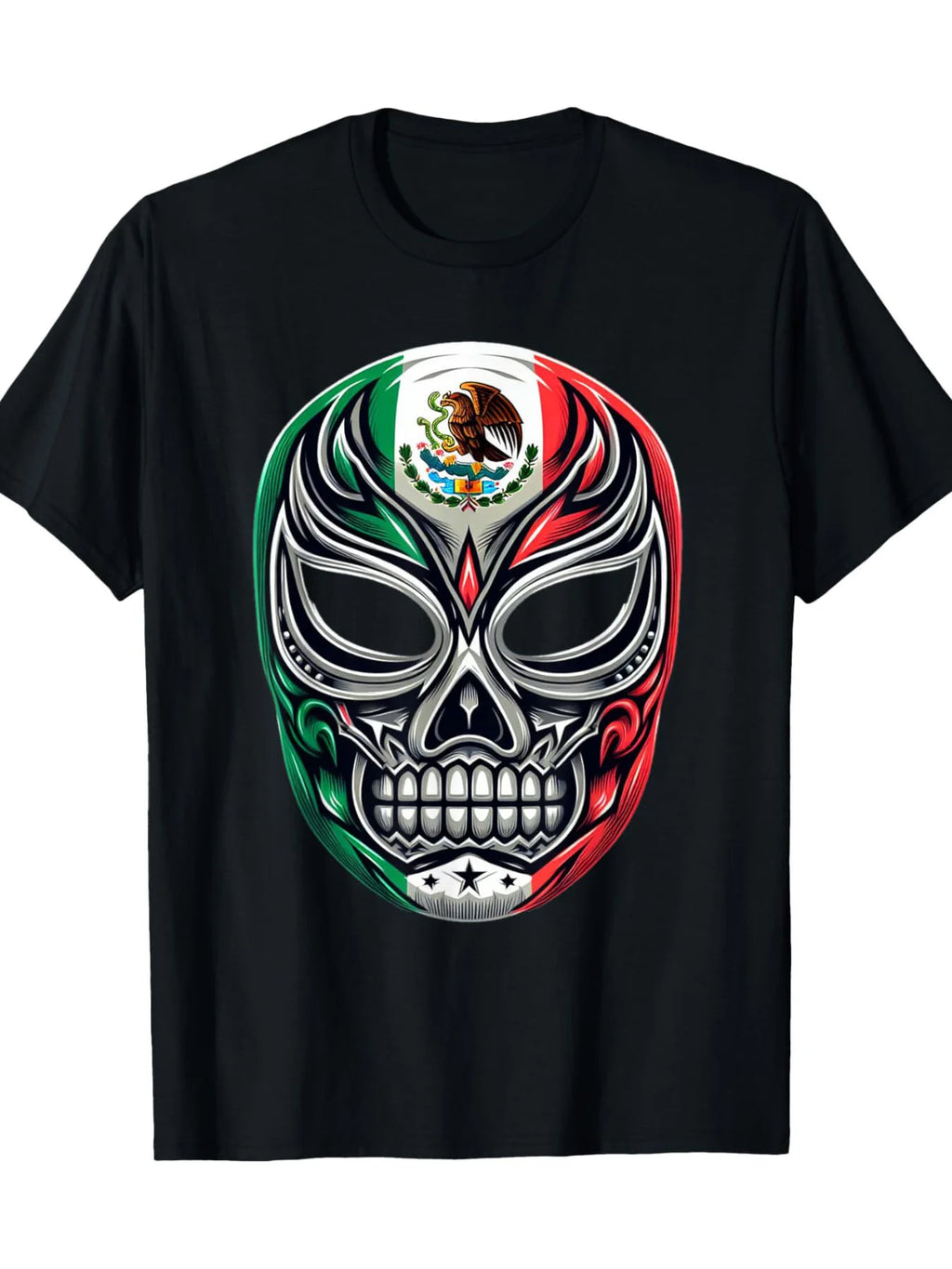Men's Lucha Libre-Inspired Cotton T-Shirt with Mexico Flag & Skull Print - Casual Crew Neck