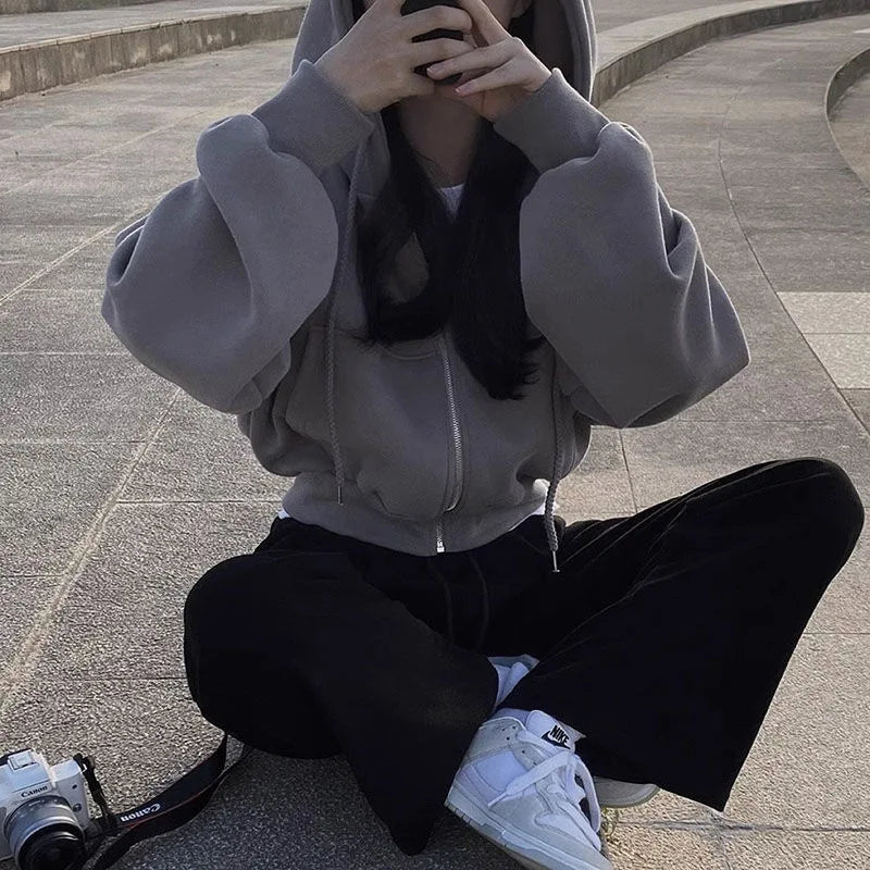 Women Casual Streetwear Y2K Crop Tops Hood Shirt Blended Material