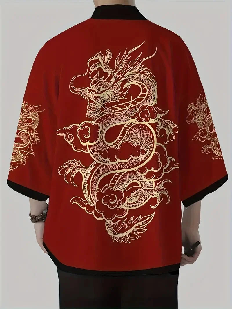 Japanese Kimono Dragon Graphic Print Cosplay Haori Yukata Top Adult Traditional Samurai Loose Kimono Cardigan for Men Women