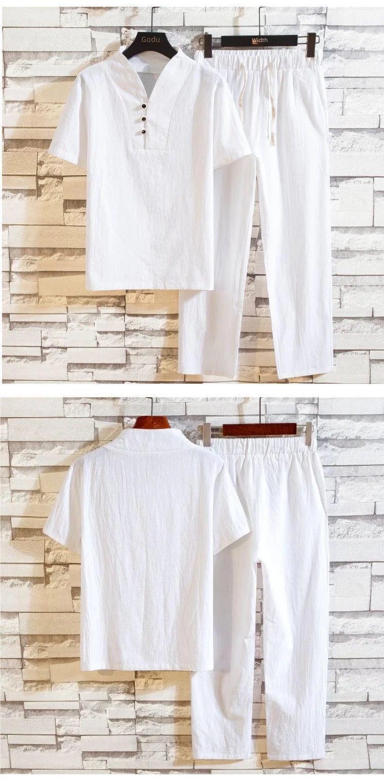 Chinese Style Linen Suit Men's Summer Short Sleeve Hanfu Ancient Buddhist System Zhenshi V-neck T-shirt Cotton Linen 2-piece Set