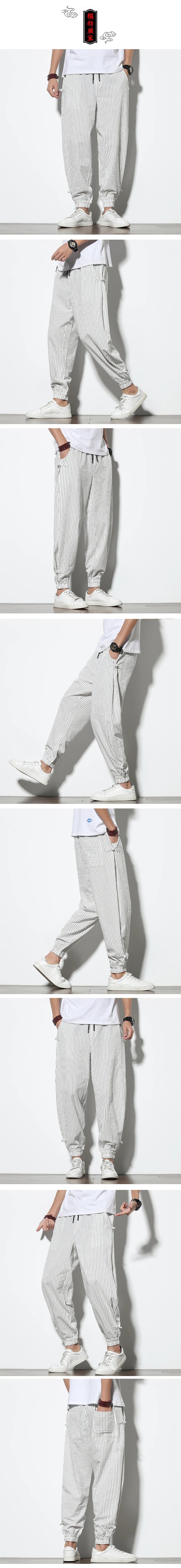 Four Seasons Men Disc Buckle Striped Harem Pants Breathable Cotton Linen Pencil Pants Buckle Casual Bloomers Fashion Trousers