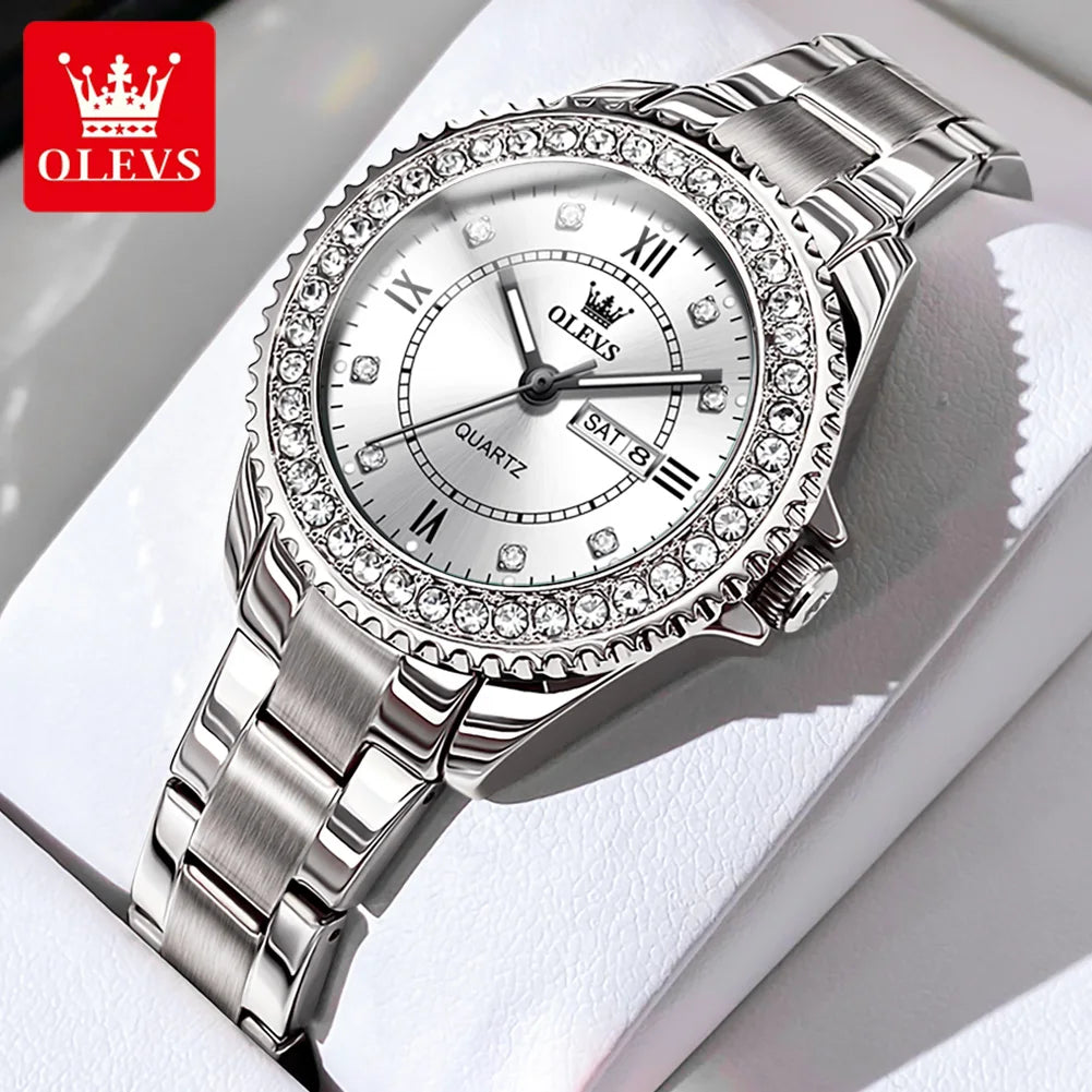 OLEVS Top Original Diamond Quartz Watch for Women Stainless Steel Waterproof Luminous Dual Calendar Luxury Women's Wristwatches