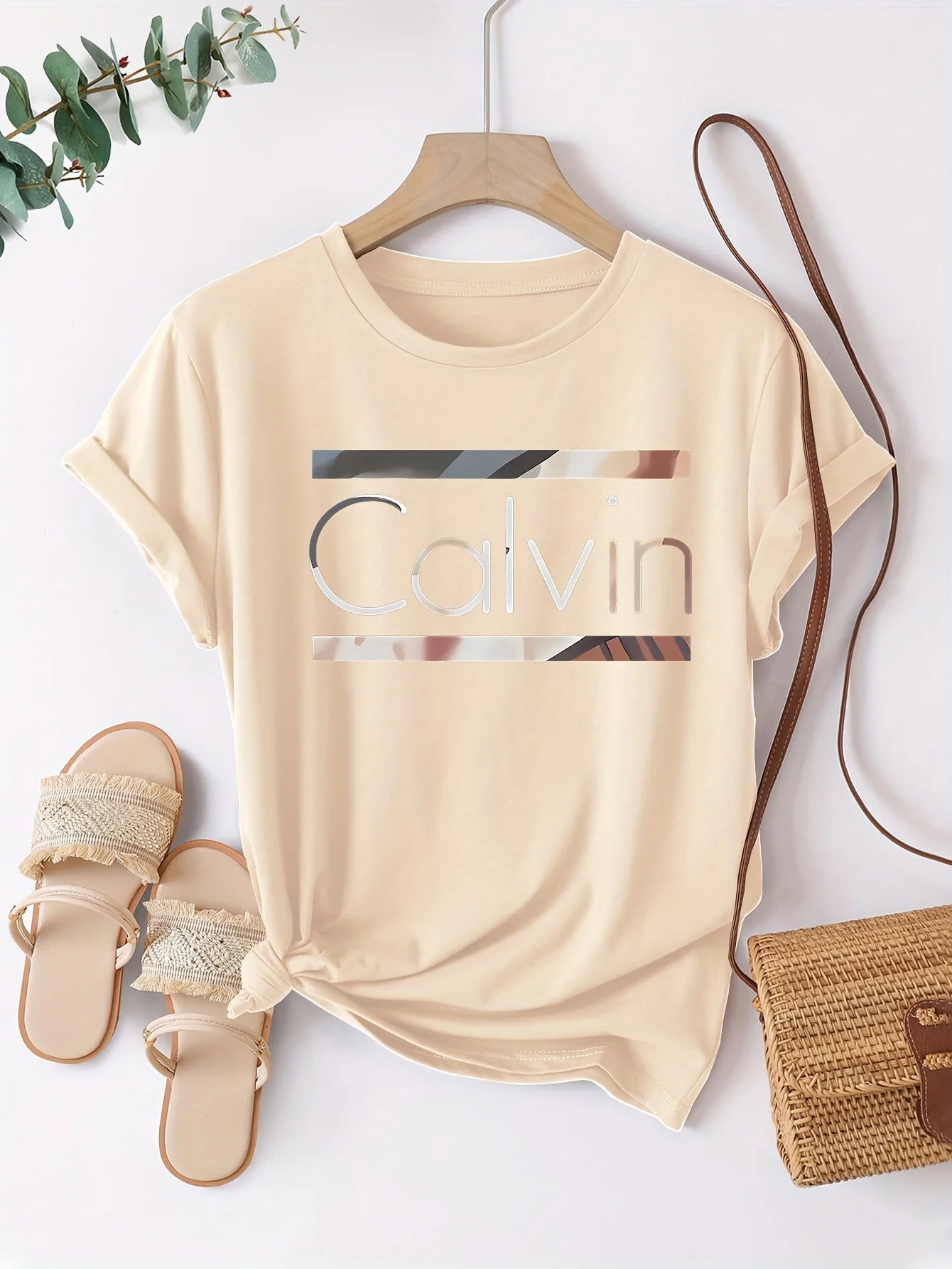Women's Summer 100% Cotton Fashion Casual Calvin Letter Pattern Printed Loose Round Neck Short Sleeve T-shirt Top