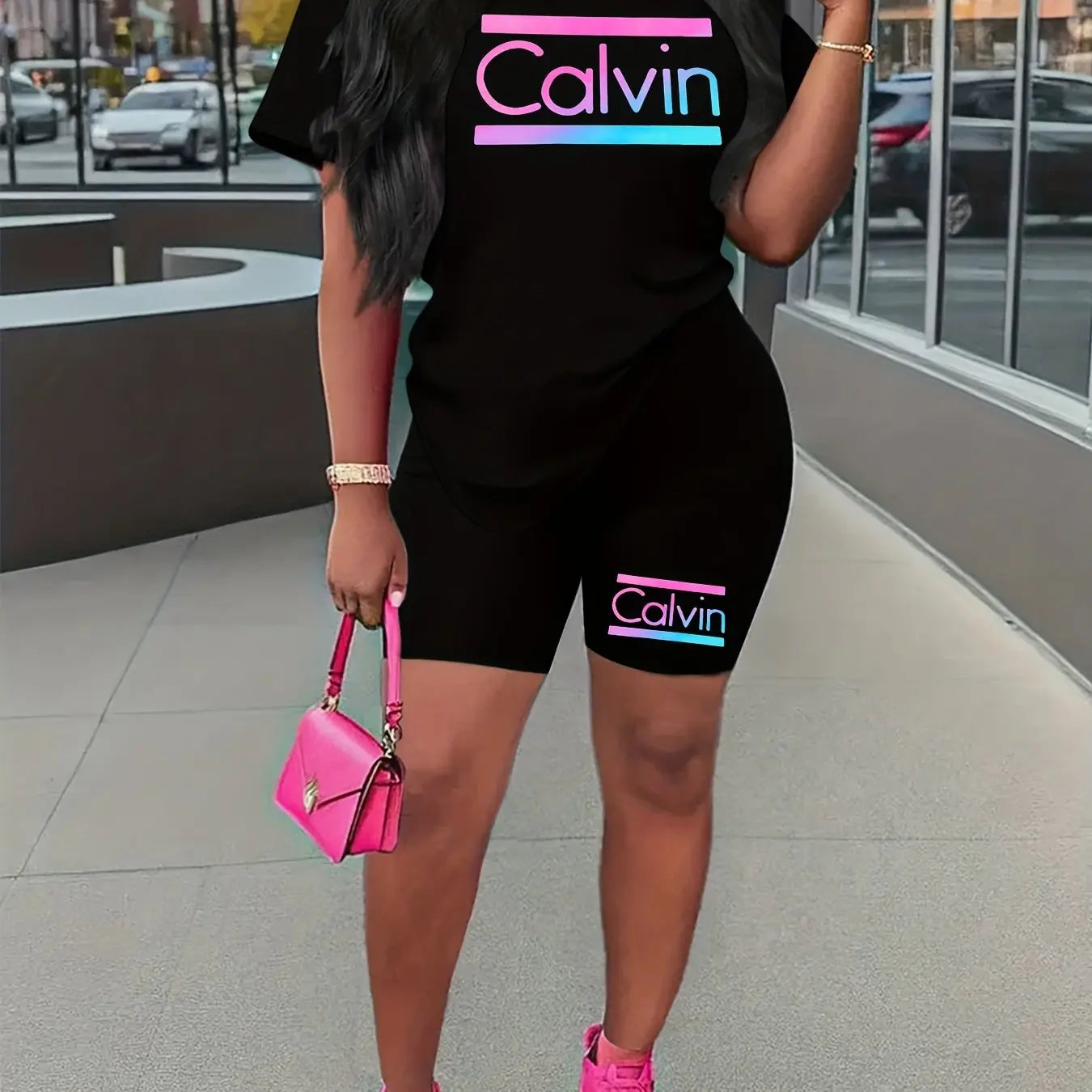 Women's summer casual loose and fashionable Calvin print round neck short sleeved T-shirt+shorts two-piece set