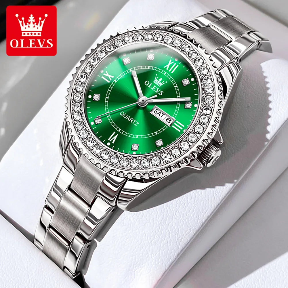 OLEVS Top Original Diamond Quartz Watch for Women Stainless Steel Waterproof Luminous Dual Calendar Luxury Women's Wristwatches