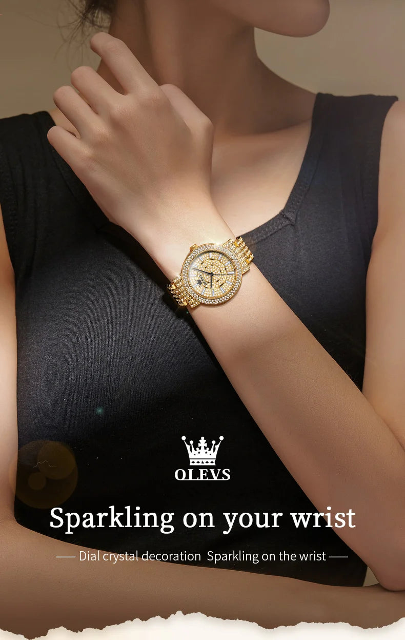 OLEVS Women's Watches Luxury Elegant Full Diamonds Original Quartz Watch for Man Waterproof Stainless Steel Gift Box Bracelet