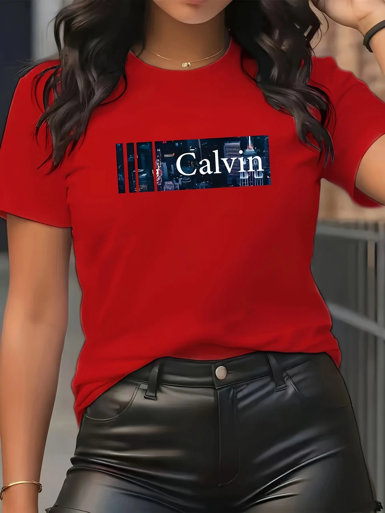 Summer women's fashionable casual loose Calvin letter pattern printed round neck short sleeved comfortable T-shirt top