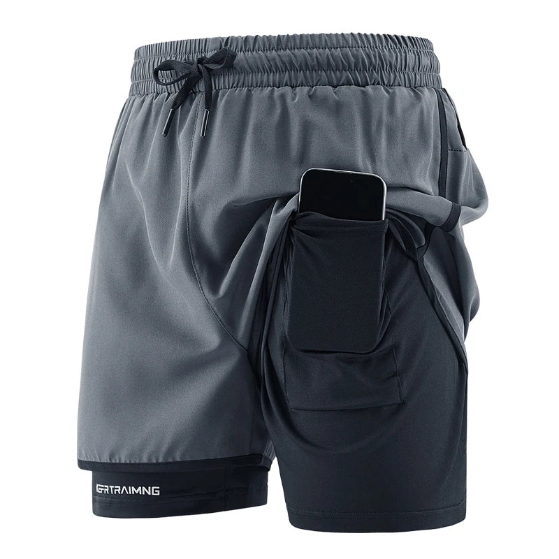 Men's Double Layer Fitness Shorts Men Fitness Gym Training 2 in 1 Sports Shorts Quick Dry Workout Jogging Double Deck Summer