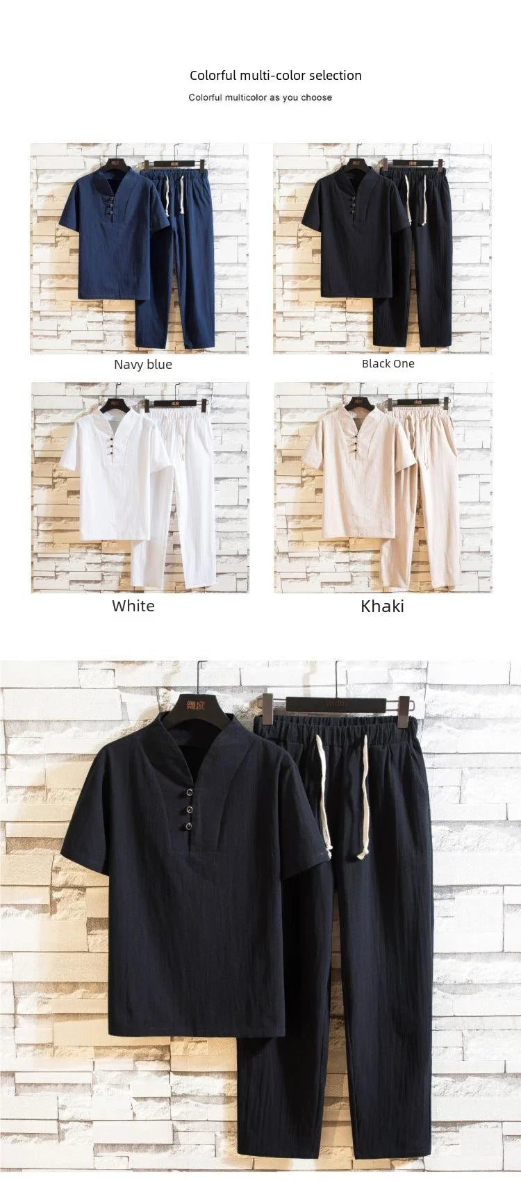 Chinese Style Linen Suit Men's Summer Short Sleeve Hanfu Ancient Buddhist System Zhenshi V-neck T-shirt Cotton Linen 2-piece Set