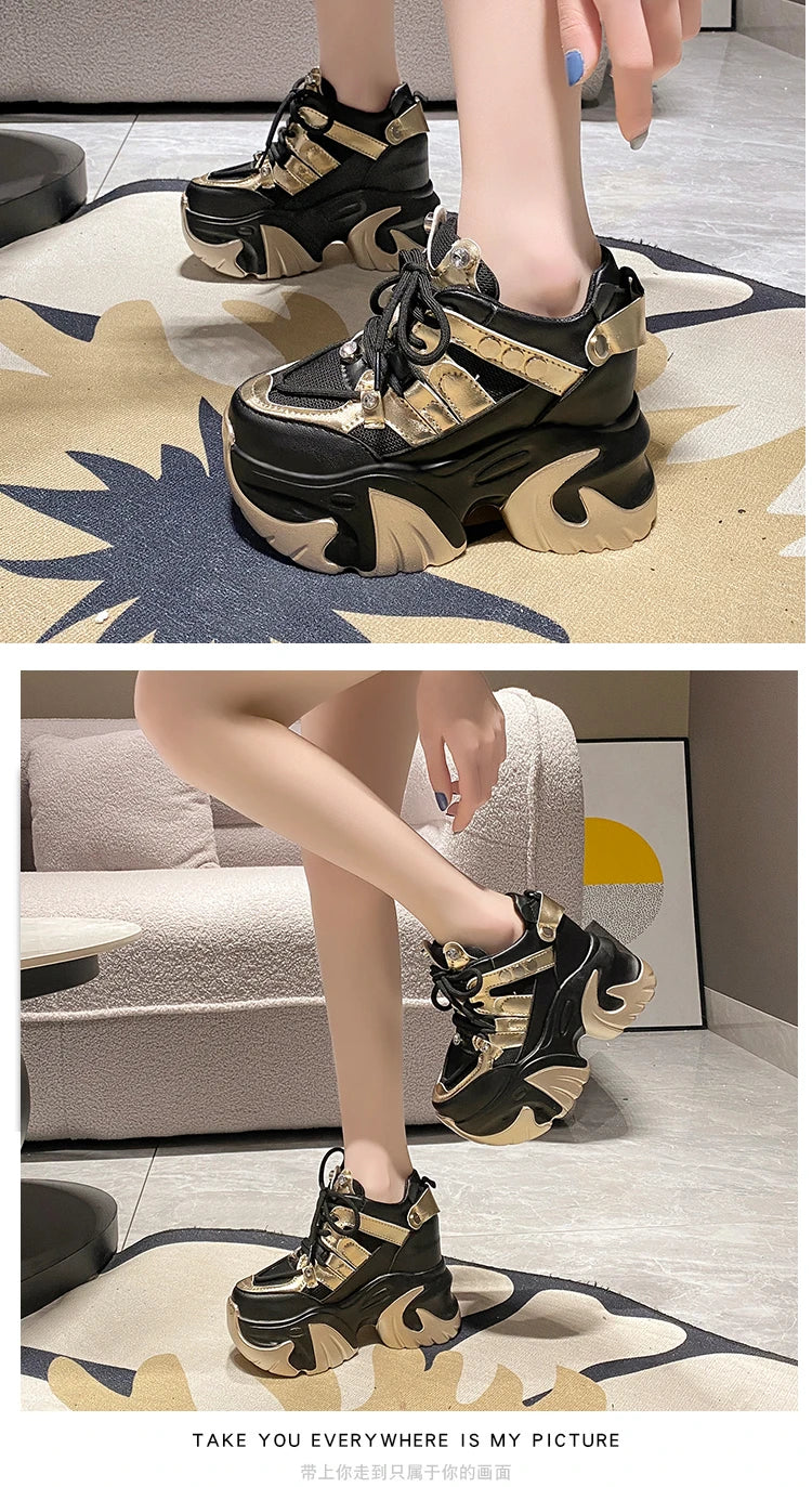 10CM New 2024 Spring Women Chunky Sneakers Heels Lace-up High Platform Sports Shoes Woman Breathable Mesh Shoes Leather Sneakers