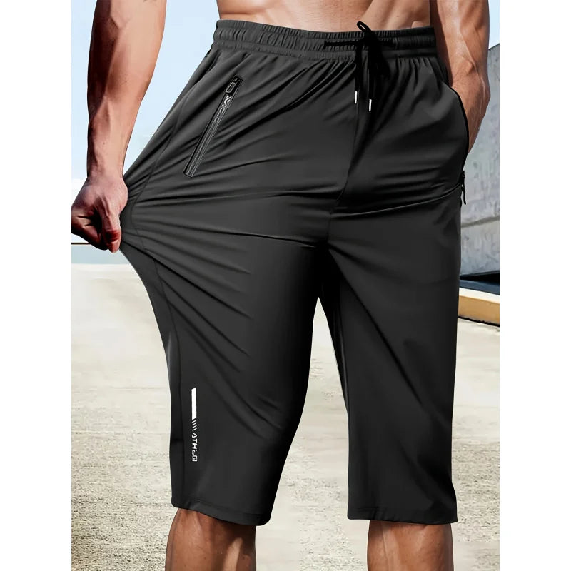 Men's Classic Shorts Summer Casual Sports High Elastic Waist Drawstring Cropped Pants Black Man Clothes Gym Running For Exercise