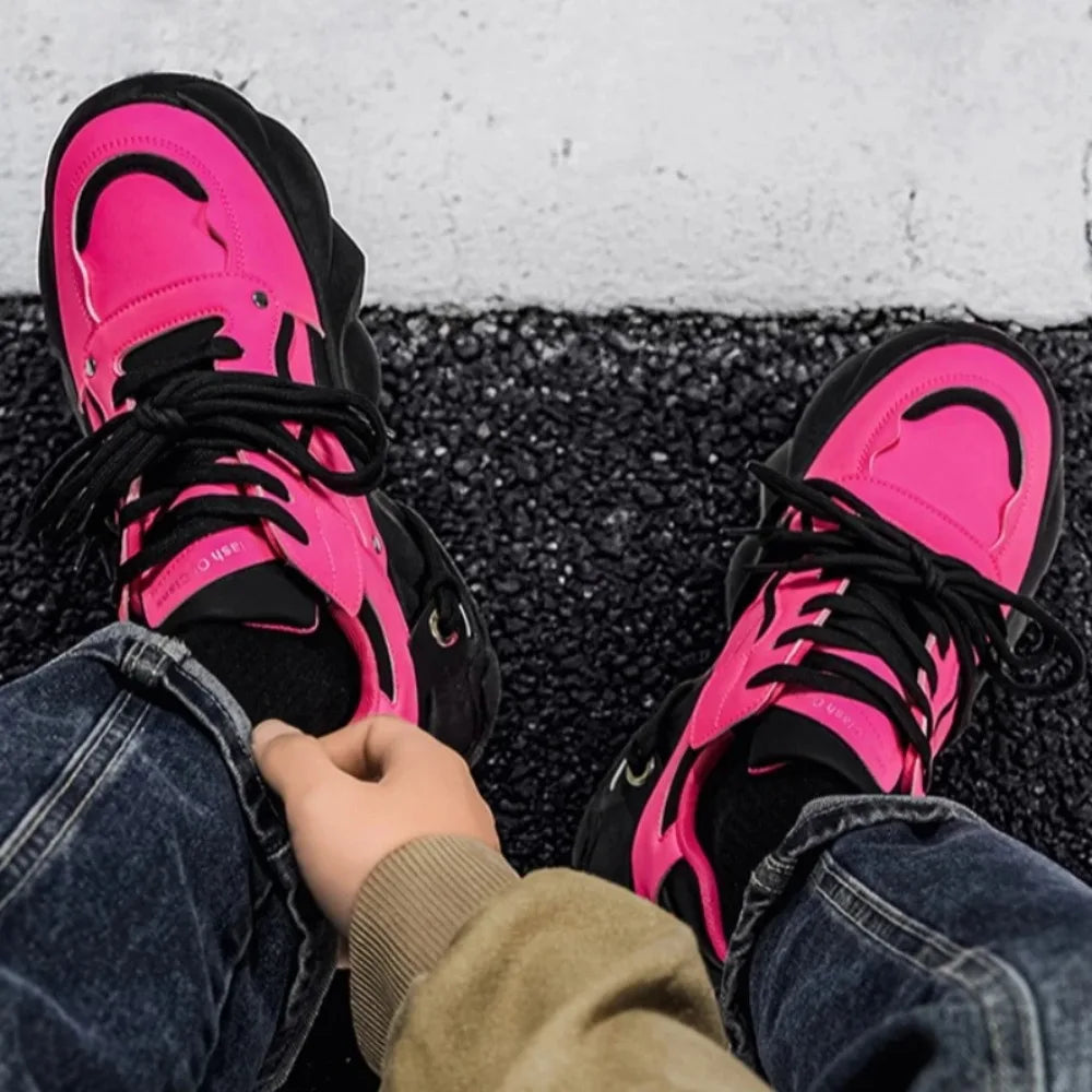 Men's Sports Shoes Fashionable Glossy Color-matched Street Trend Brand Design Thick Sole Flat Heel Lace-up Casual Shoes