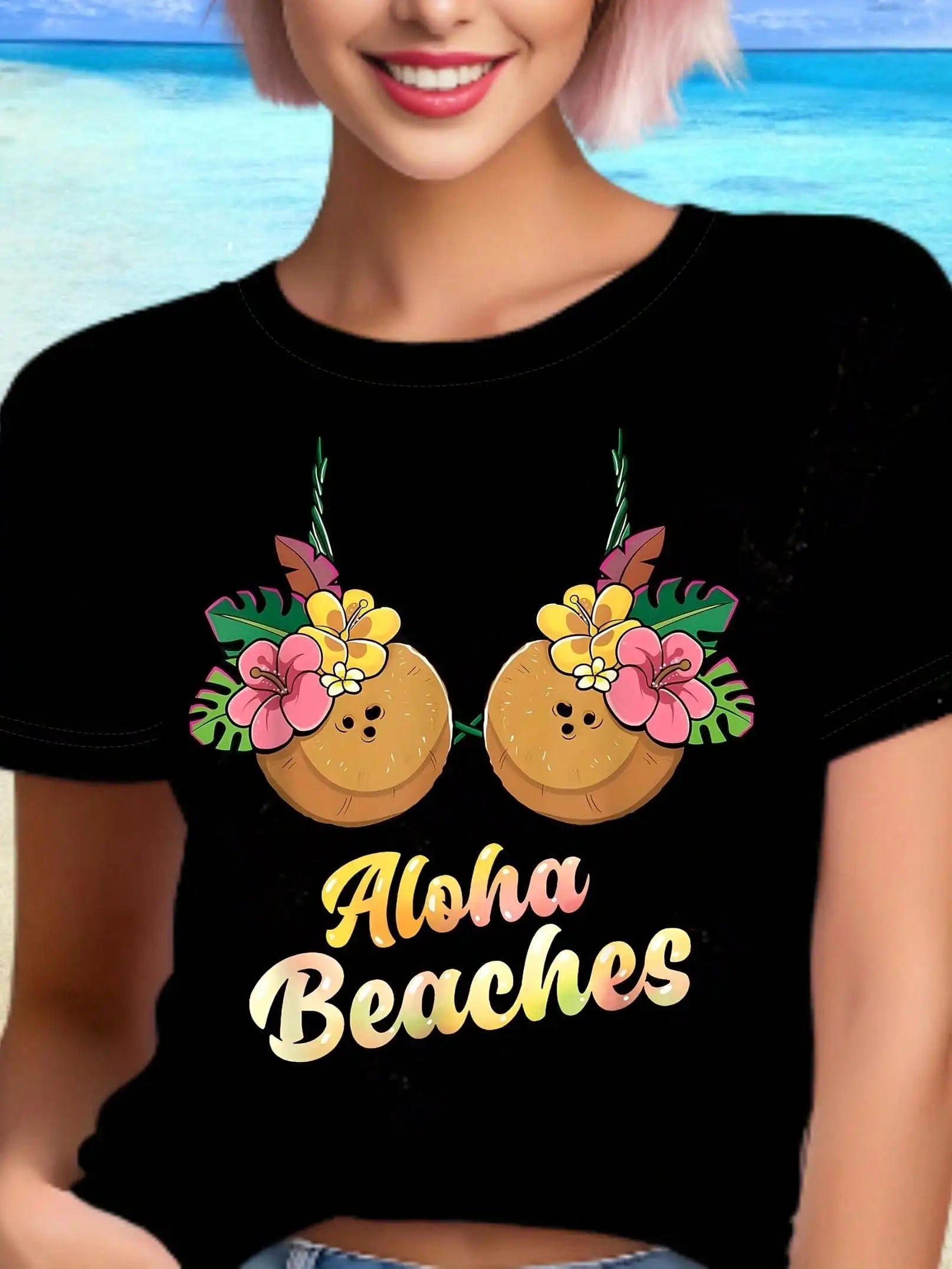 Beach Party Tee | Women's Aloha Floral Print – Quick-Dry Cotton Crew Neck for Travel & Casual Glam, Stretchy