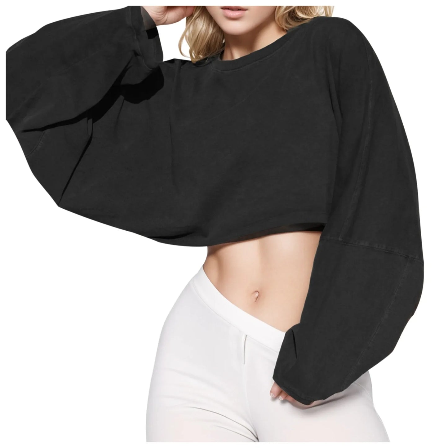 New Fashion Cropped Top Women'S Crew Neck Loose Short Sport Base T Shirt Long Sleeve Plus Size Blouse Womens Streetwear Fitted