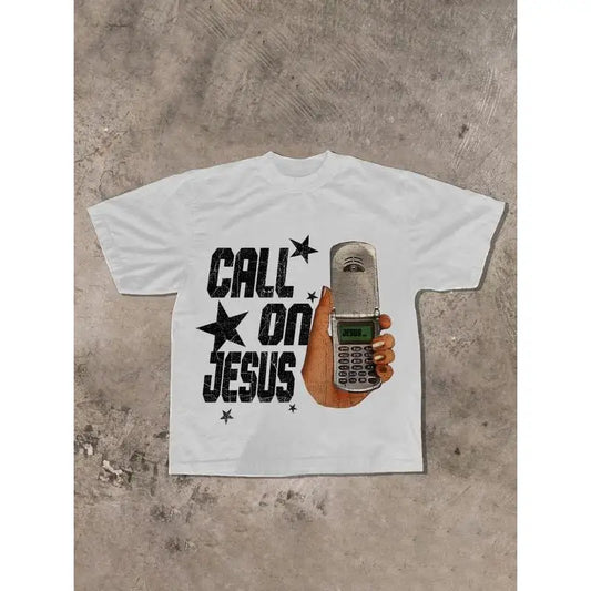 Call On Jesus T-Shirt Vintage Phone Graphic Tee Unisex Streetwear Faith-Based Top for Christian Gifts, Prayer or Casual Wear