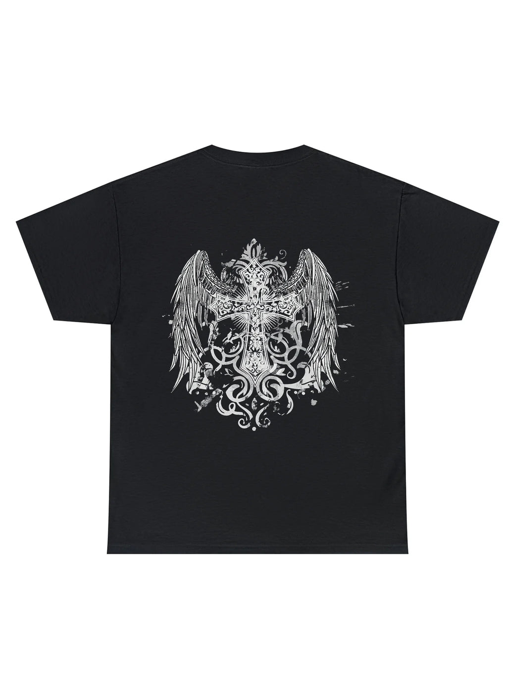 Men's Black Cotton Crew Neck T-Shirt with Stylish Cross & Wings Design – Soft Short Sleeve Tee for Casual