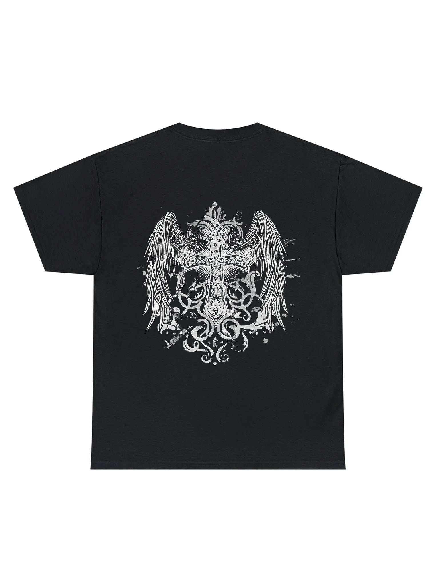 Men's Black Cotton Crew Neck T-Shirt with Stylish Cross & Wings Design – Soft Short Sleeve Tee for Casual