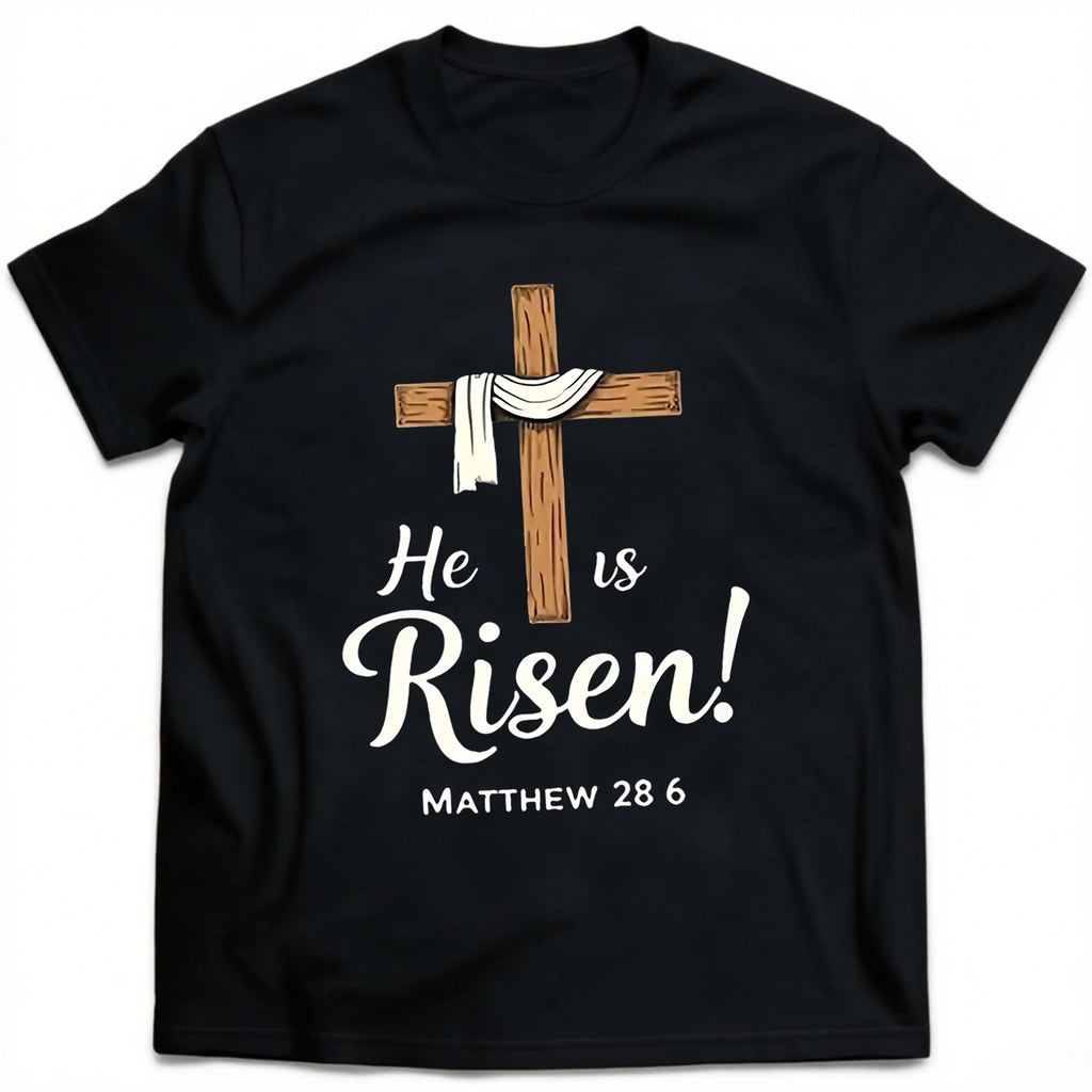 Plus Size Black Short Sleeve T-Shirt with Cross and "He Is Risen!” Print Suitable for Outdoor Leisure Wear in Summer.