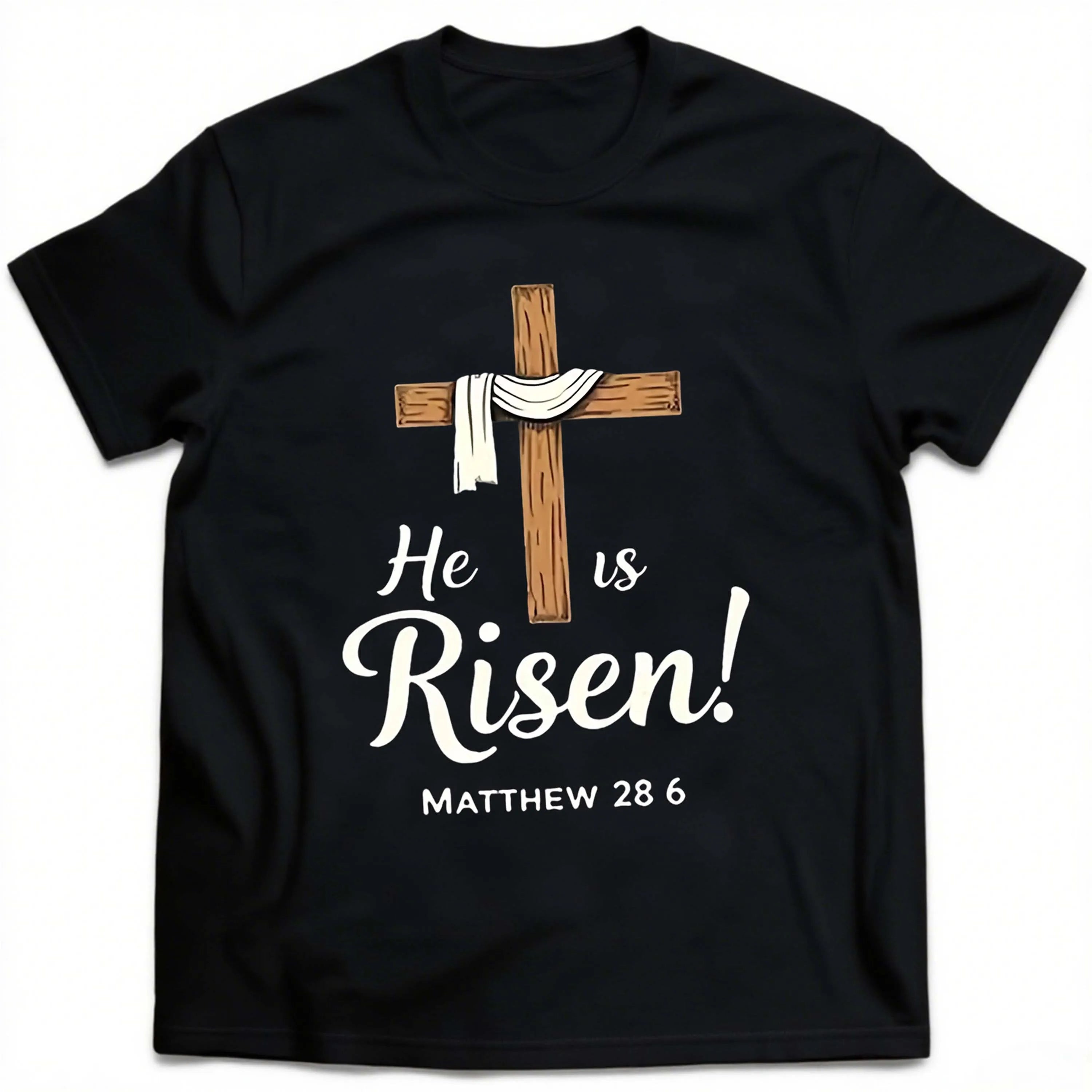 Plus Size Black Short Sleeve T-Shirt with Cross and "He Is Risen!” Print Suitable for Outdoor Leisure Wear in Summer.
