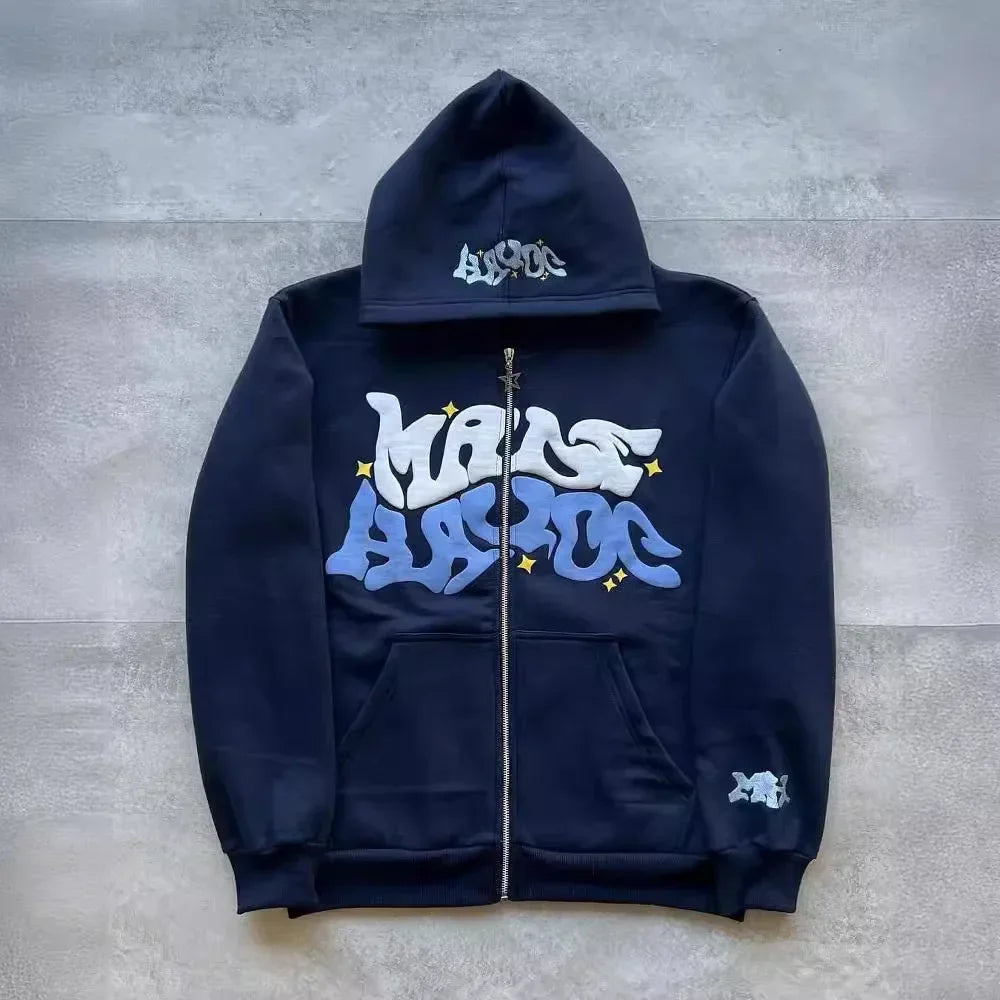 Zipper hooded sweatshirt with retro American letters and stars suitable for men and women Y2K jacket autumn d winter cardigan