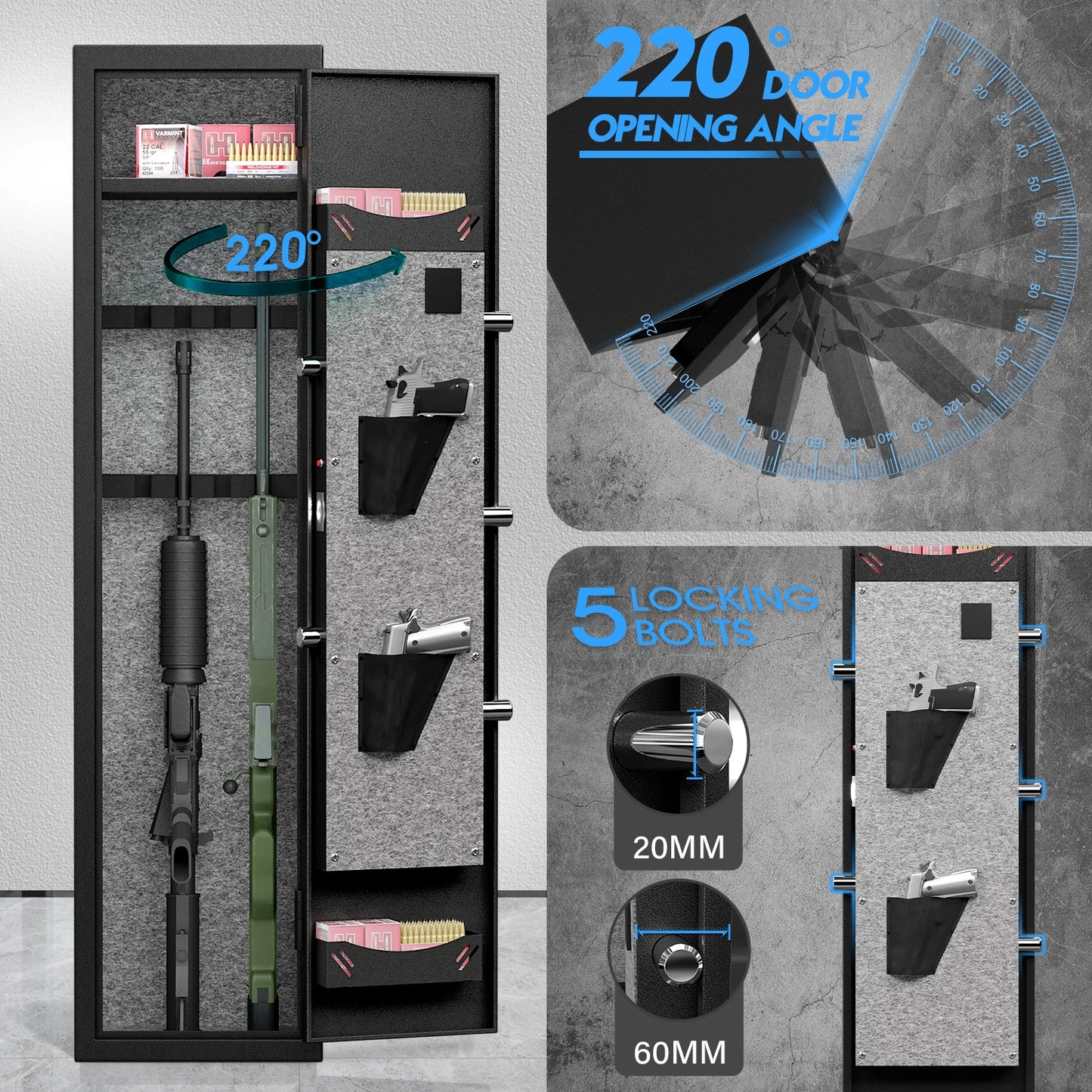 Kavey Biometric Fingerprint Gun Safe, Quick Access Gun Cabinets with LED Light, Adjustable Gun Rack and Removable Shelf