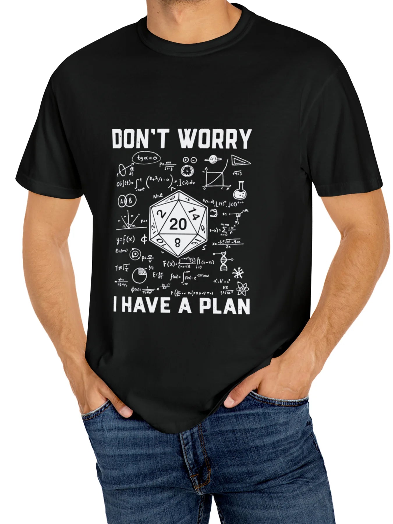 Men's Casual Cotton T-Shirt with Geometric Print - "Don't Worry, I Have a Plan" Design, Round Neck