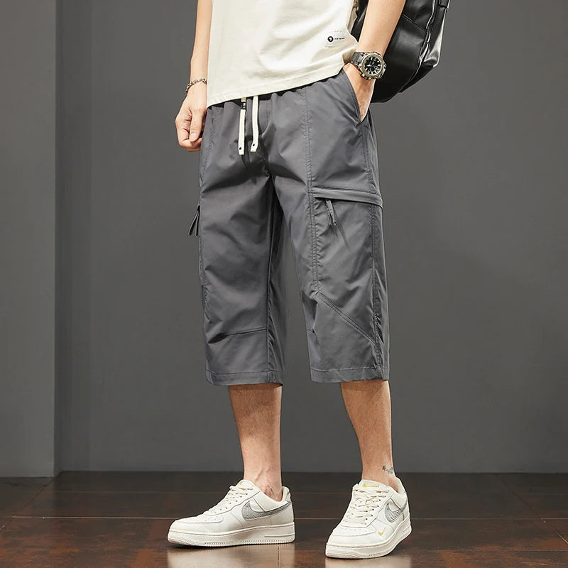 2 Pieces Working Cropped Pants Men's Summer New Ice Silk Thin Casual Loose Sports Shorts Bermudas Cargo Mens Shorts Fishing