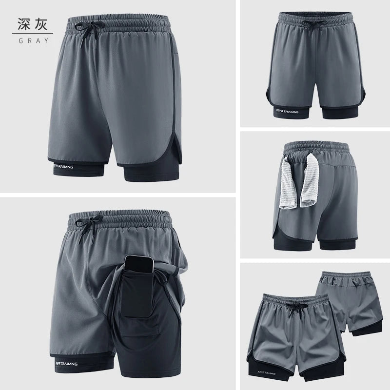 Men's Double Layer Fitness Shorts Men Fitness Gym Training 2 in 1 Sports Shorts Quick Dry Workout Jogging Double Deck Summer