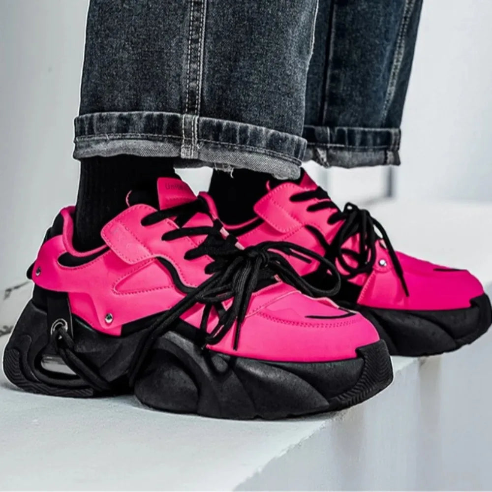 Men's Sports Shoes Fashionable Glossy Color-matched Street Trend Brand Design Thick Sole Flat Heel Lace-up Casual Shoes