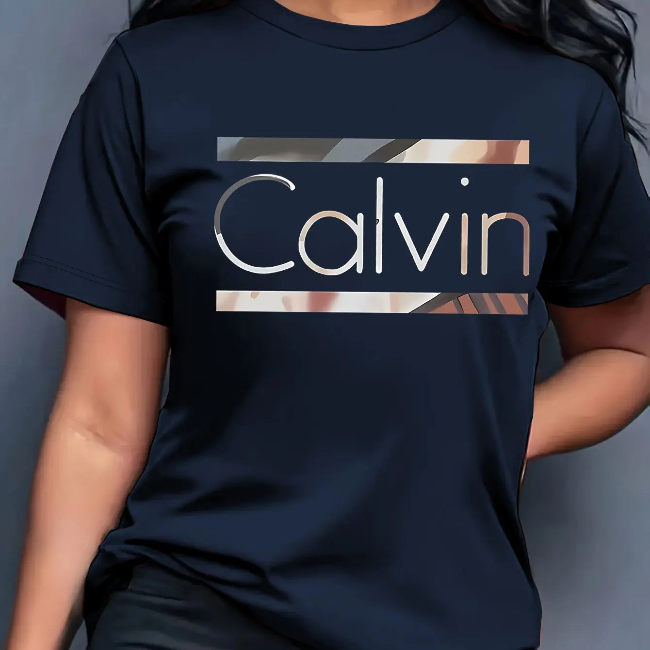 Women's Summer 100% Cotton Fashion Casual Calvin Letter Pattern Printed Loose Round Neck Short Sleeve T-shirt Top