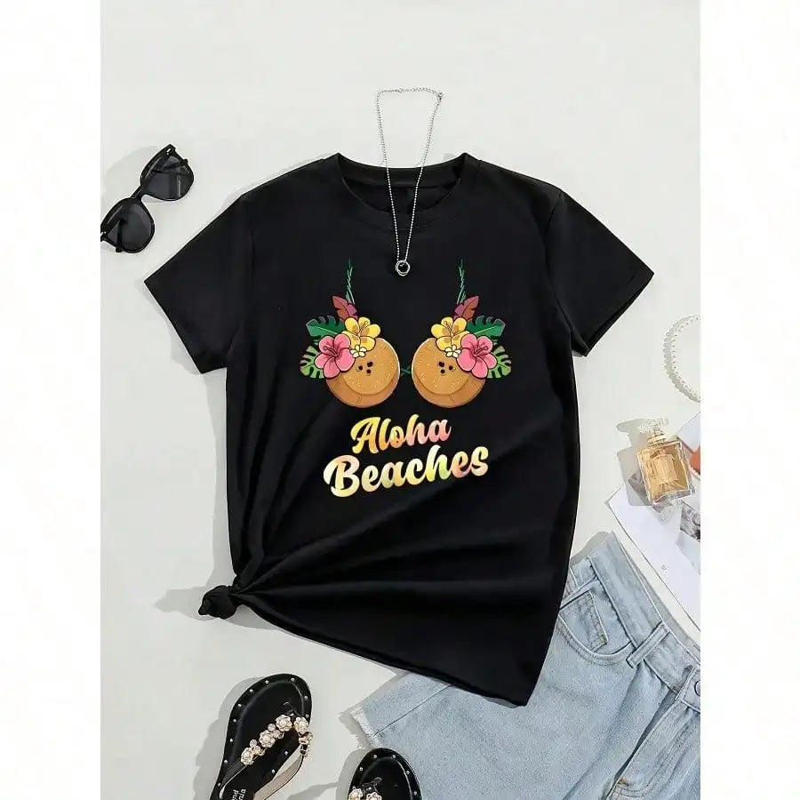 Beach Party Tee | Women's Aloha Floral Print – Quick-Dry Cotton Crew Neck for Travel & Casual Glam, Stretchy