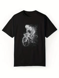 Men's Black Cotton T-Shirt with Cycling Print – Casual Round Neck Tee for Summer, Stretchy & Breathable