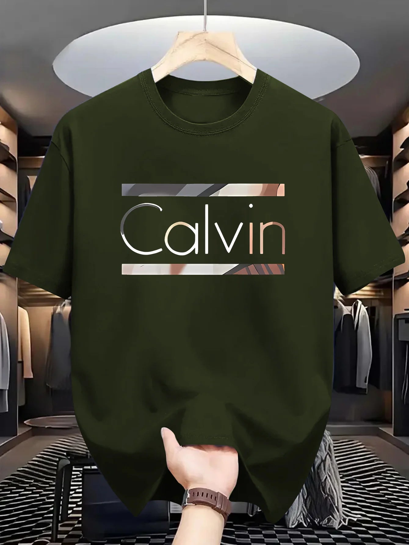 Men's Casual Athletic Short Sleeve T-Shirt - Summer Sportswear with "CALVIN" Graphic Print, Beige, Lightweight Polyester Fabric,