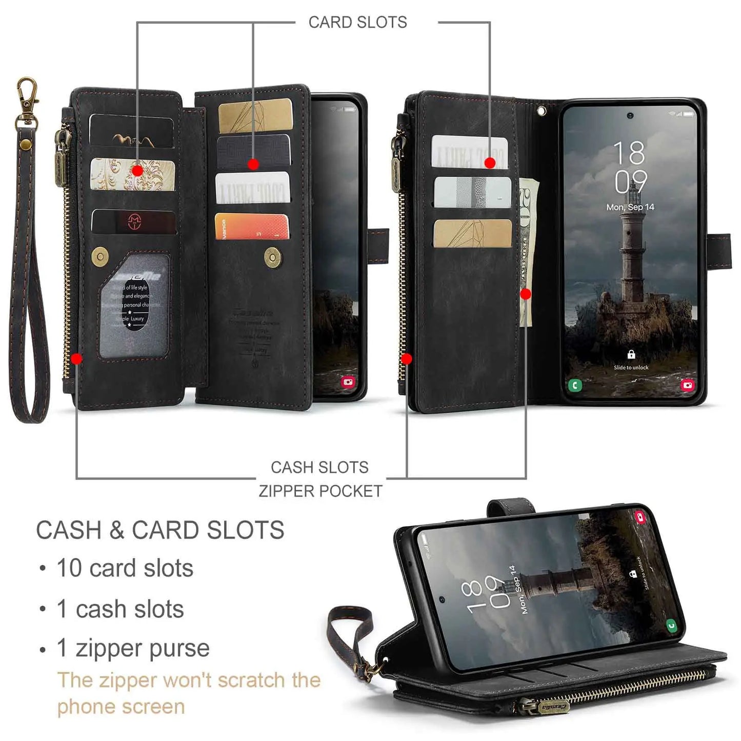 for Samsung Galaxy A55 A35 A25 5G (2024) Wallet Case, Durable PU Leather Magnetic Flip Strap Wristlet Zipper Card Holder Cover