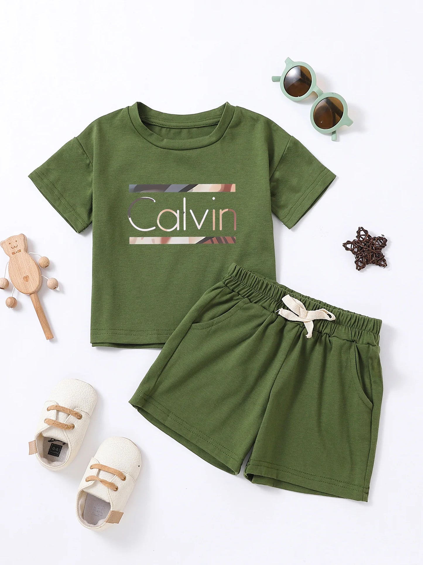 Children Calvin Letter Print Suits Cotton T-shirts + Shorts 2PCS Clothes Sets Boys Girls Fashion Outfits 1-7Y