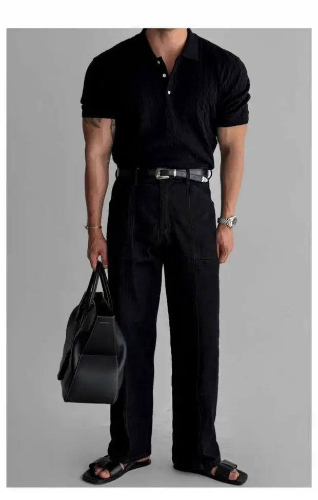 American Sle Hard Man Knitted  irt Muscle Men Slim Fit Elastic ort Sve Turn-down Collar Sweatirt Tight Sve ...