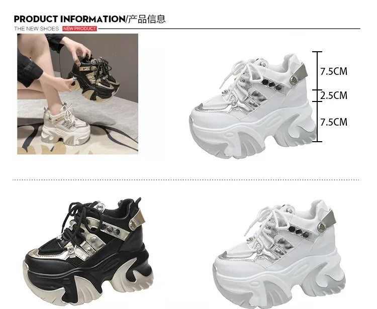 10CM New 2024 Spring Women Chunky Sneakers Heels Lace-up High Platform Sports Shoes Woman Breathable Mesh Shoes Leather Sneakers